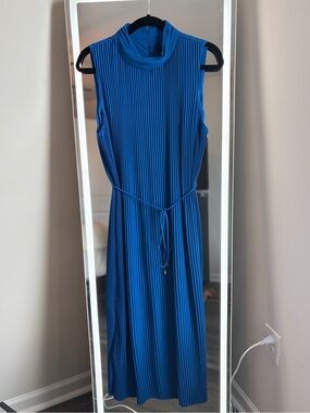 Donna Karan Cobalt Blue Sleeveless Pleated Maxi Dress with Waist Tie